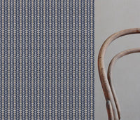 Blue / Orange Patterned Linen Curtain Fabric - Hulda Deep Blue Ochre - Natural base fabric.