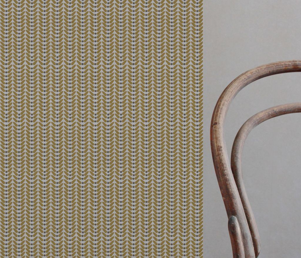 Yellow Patterned Linen Curtain Fabric - Hulda Gold Rod - Natural base fabric.