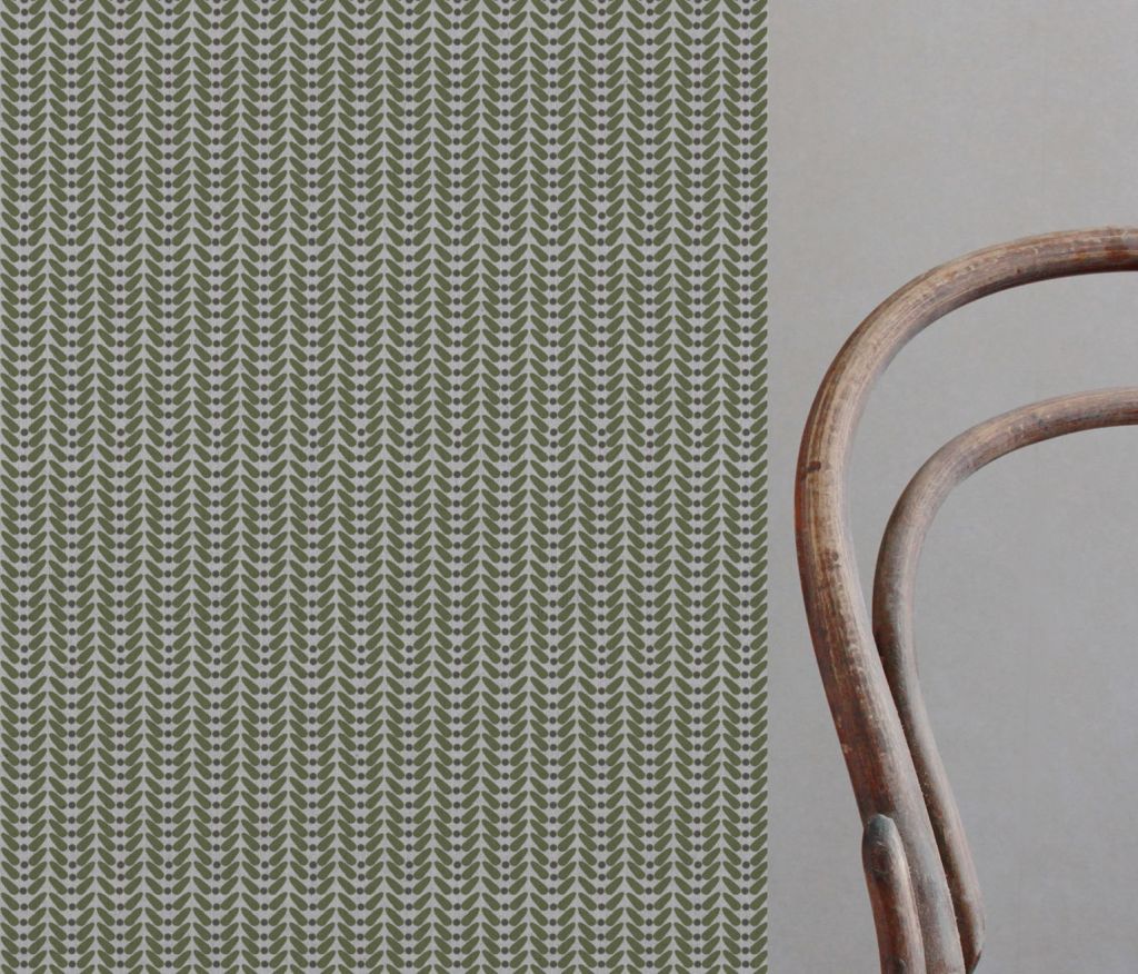 Green Patterned Linen Curtain Fabric - Hulda Khaki - Natural base fabric.