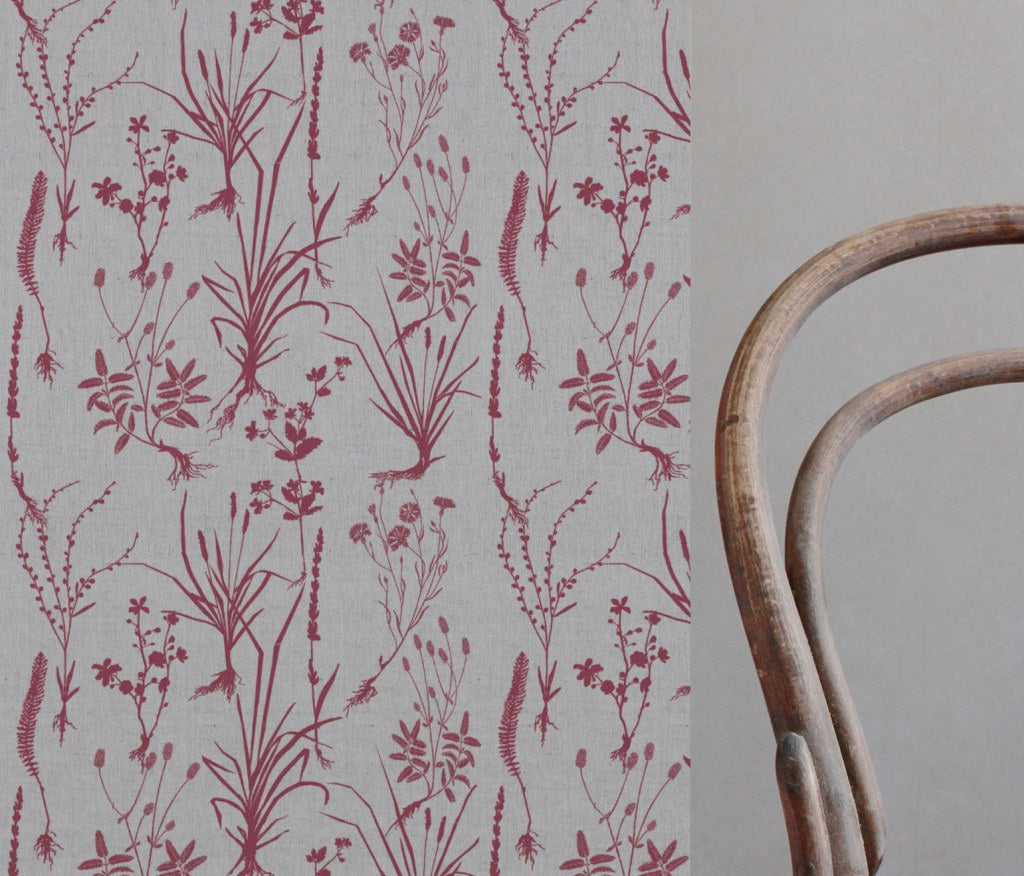 Red Floral Linen Curtain Fabric - Iida Cherry - Natural base fabric.