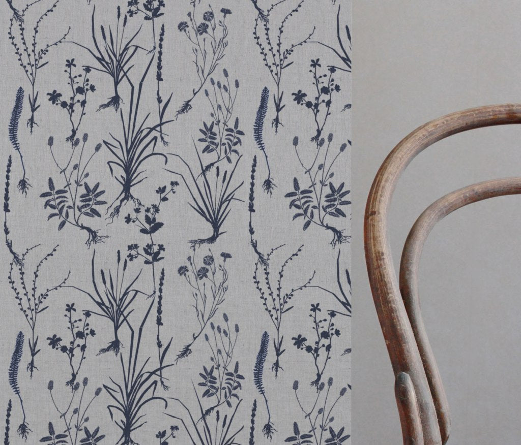 Blue Floral Linen Curtain Fabric - Iida Deep Blue - Natural base fabric.