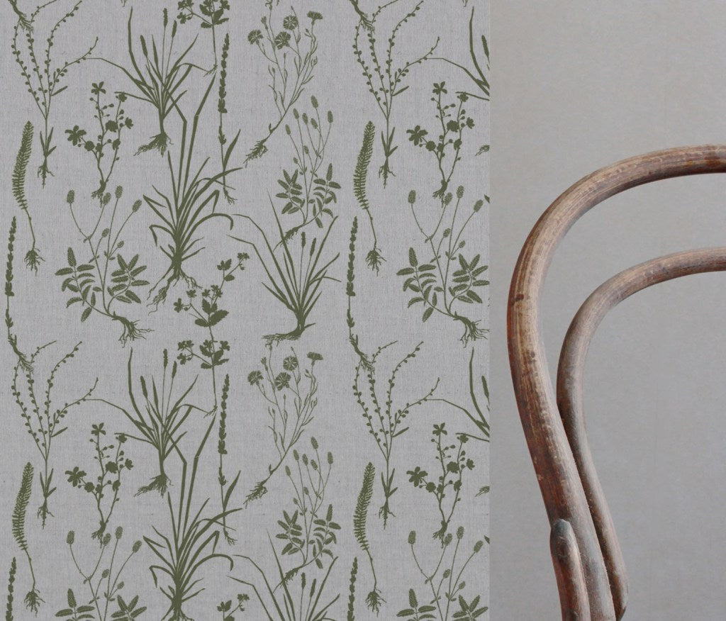 Green Floral Linen Curtain Fabric - Iida Khaki - Natural base fabric.