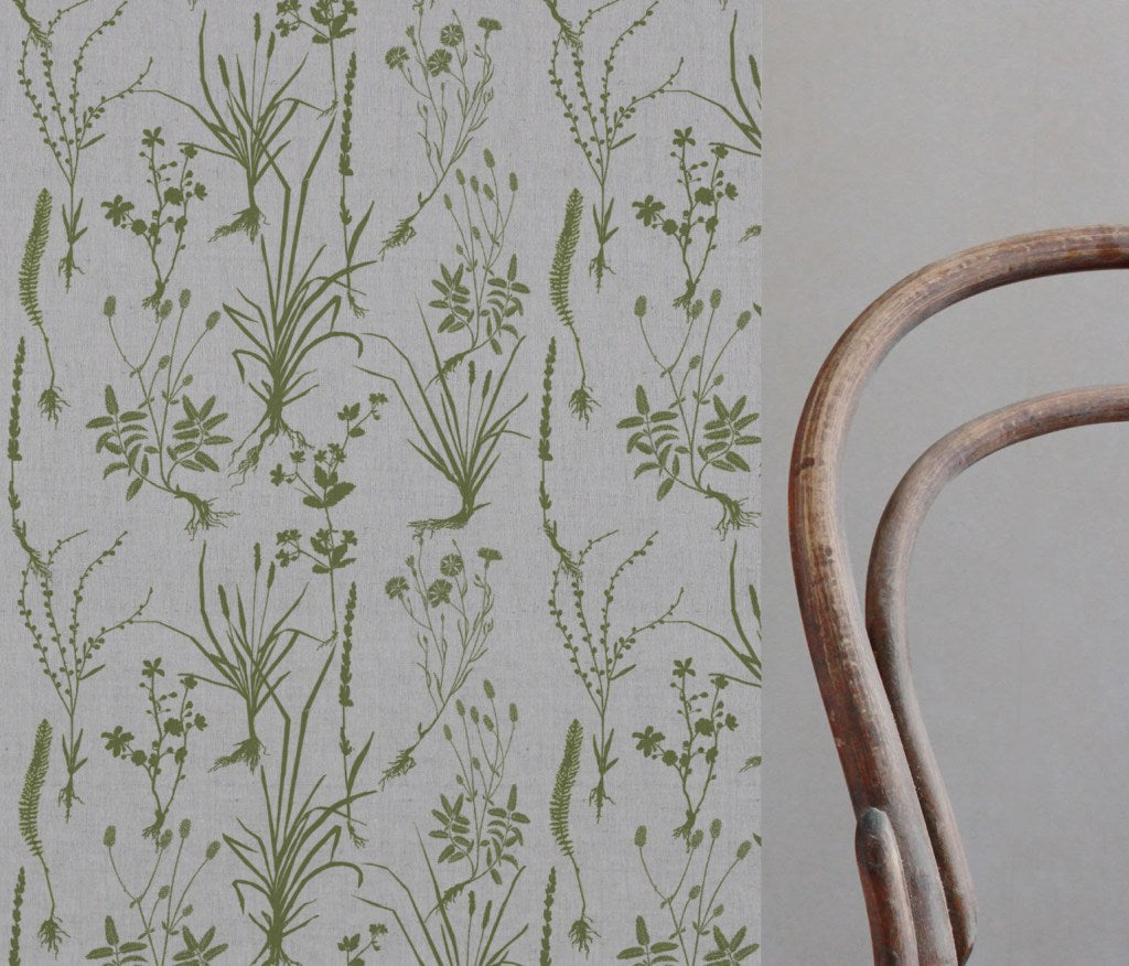 Green Floral Linen Curtain Fabric - Iida Leaf - Natural base fabric.