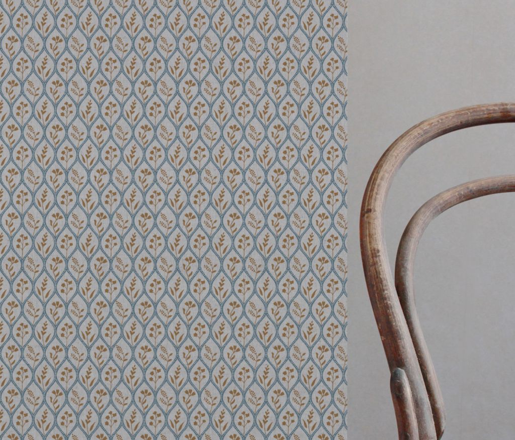 Blue / Orange / Yellow Floral Linen Curtain Fabric - Miny Blue Ochre-INV - Natural base fabric.