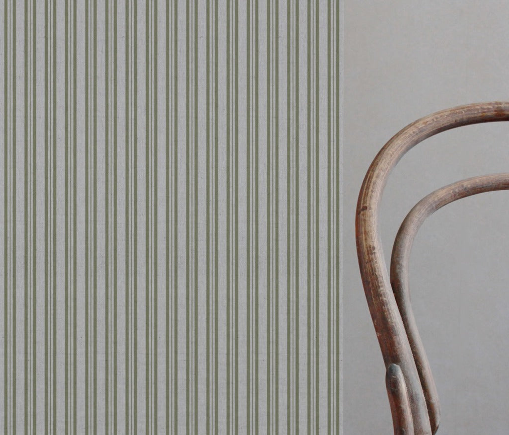 Green Striped Linen Curtain Fabric - Olga Olive - Natural base fabric.