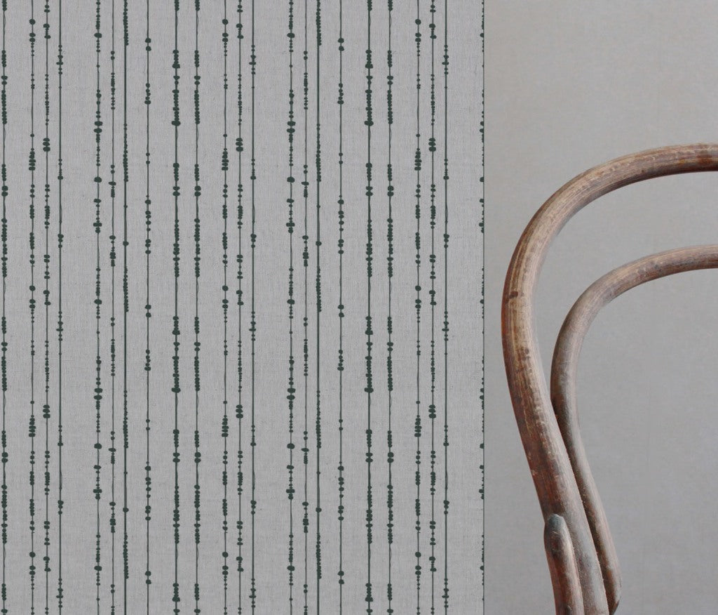 Green Patterned Linen Curtain Fabric - Pearls Dark Pine - Natural base fabric.