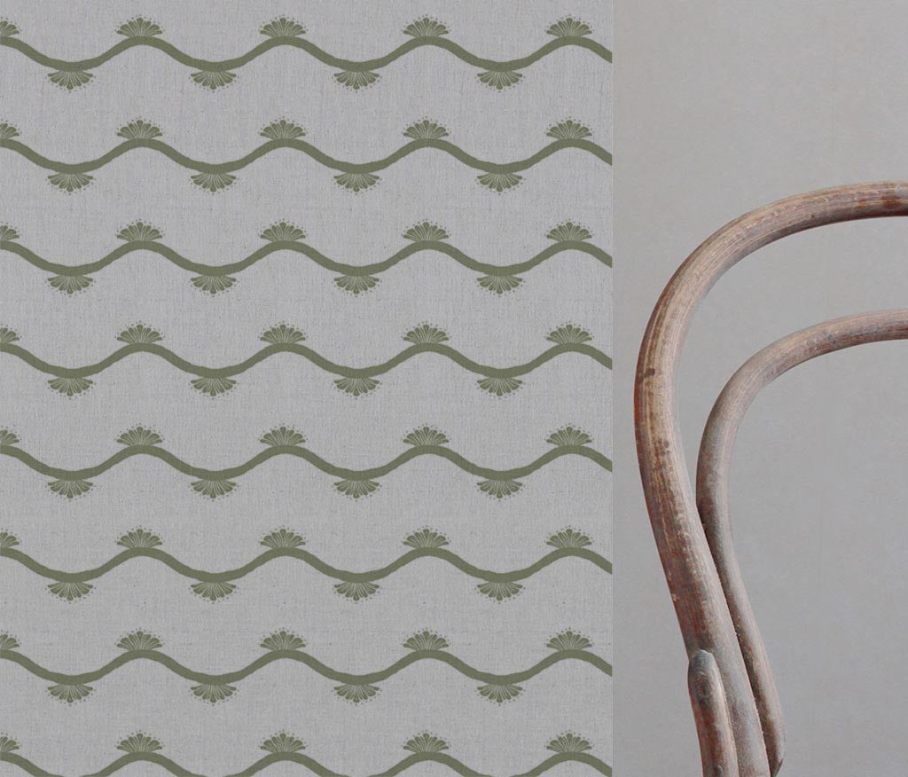 Green Abstract Linen Curtain Fabric - Nelani Khaki - Natural base fabric.