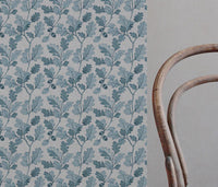 Blue Botanical Linen Curtain Fabric - Olini Blue Stone - Natural base fabric.