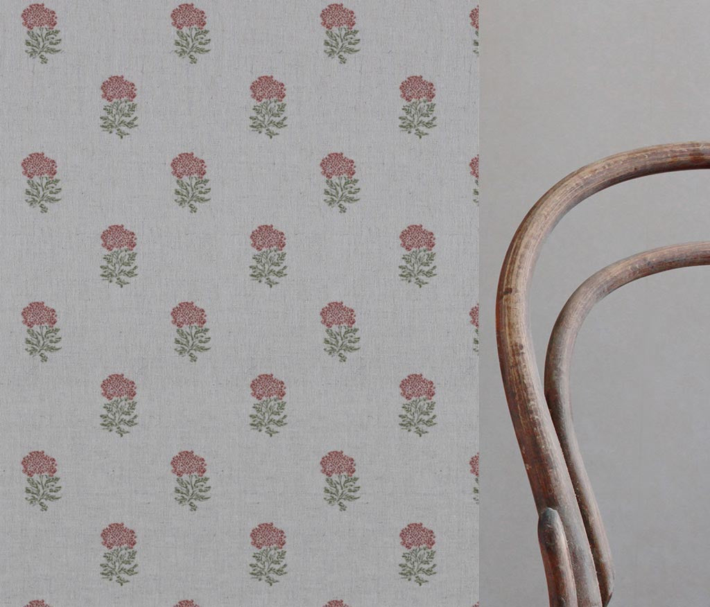 Red Floral Linen Curtain Fabric - Pearlie Crimson Red - Natural base fabric.