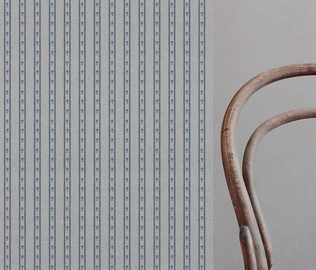 Blue Floral Stripe Linen Curtain Fabric - Silvian Denim - Natural base fabric.