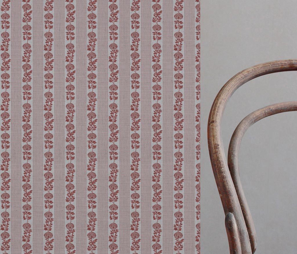 Red Floral Stripe Linen Curtain Fabric - Skye Crimson Red - Natural base fabric.