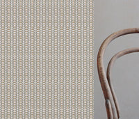 Hilda Ochra - White Linen fabric printed with Taupe and Yellow Orange