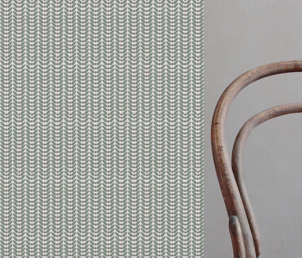Hilda Sage - White Linen fabric printed with Green and Taupe