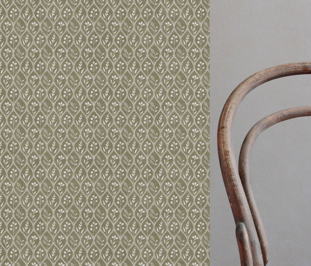 Miny Moss WHT - curtain fabric with Green floral print