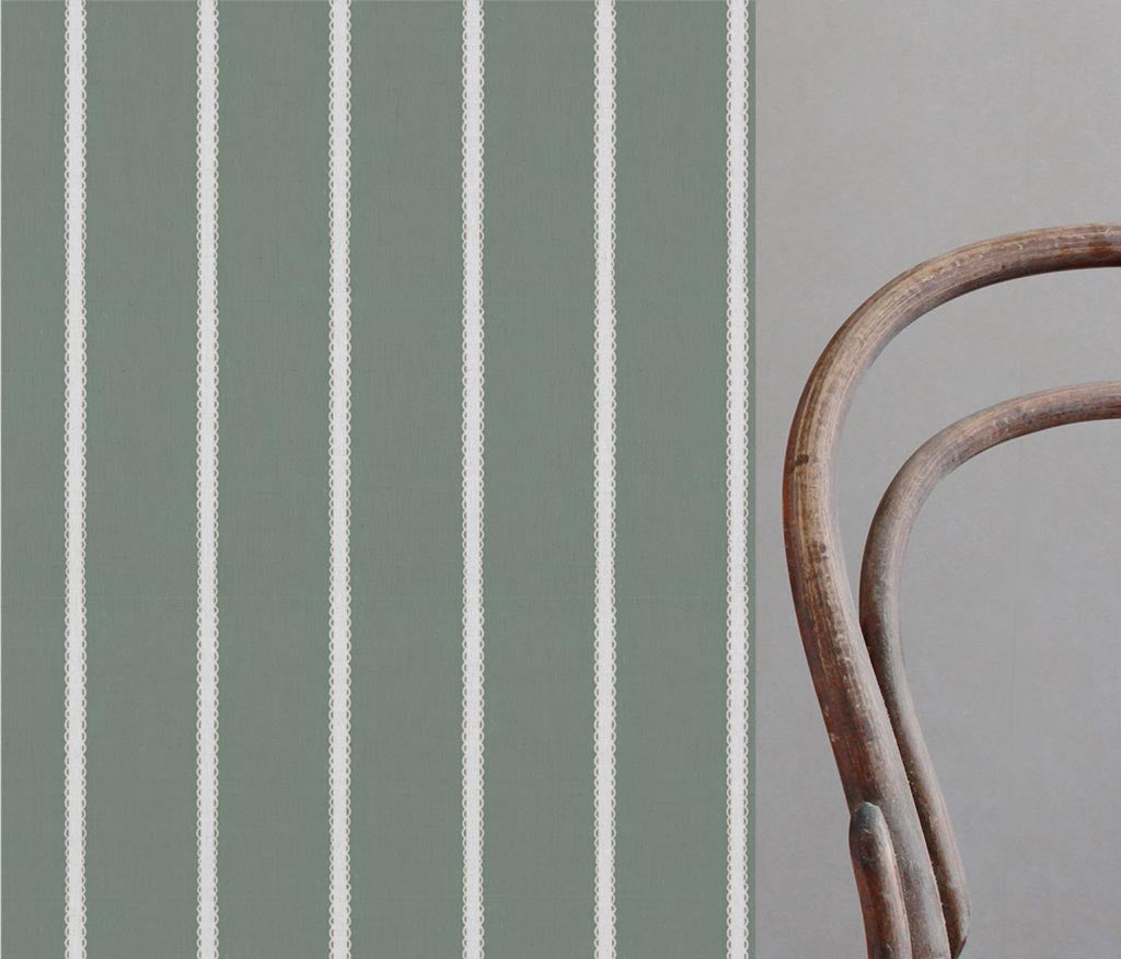 Light Green Striped Linen Curtain Fabric - Franny Sage-WHT - White base fabric.