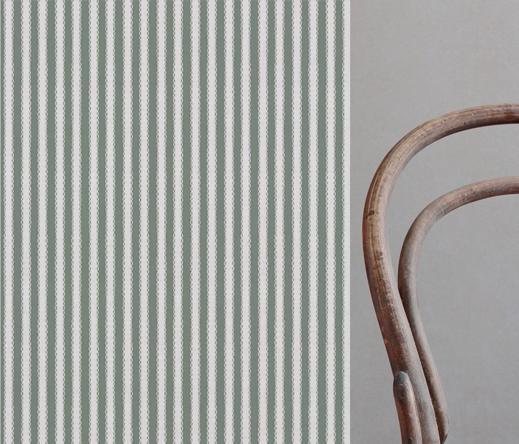 Light Green Striped Linen Curtain Fabric - Lisabella Sage-WHT - White base fabric.