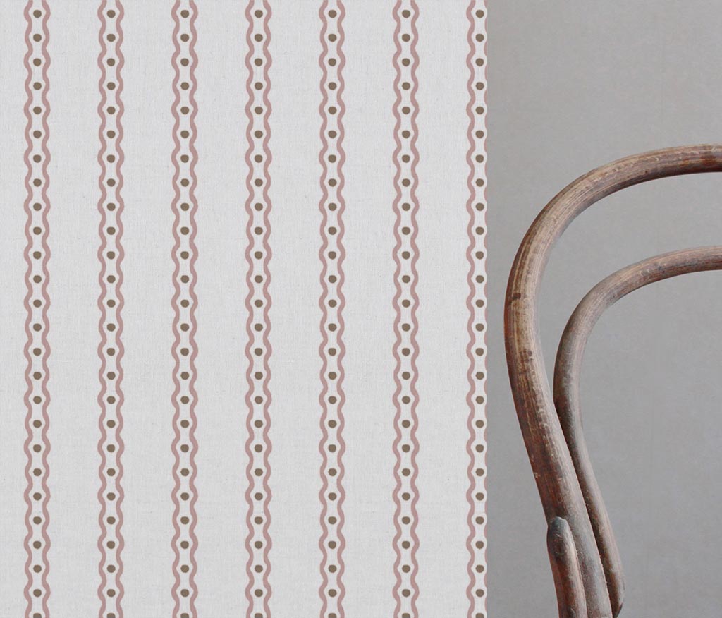 Pink Abstract Striped Linen Curtain Fabric - Margarie Peony-WHT - White base fabric.