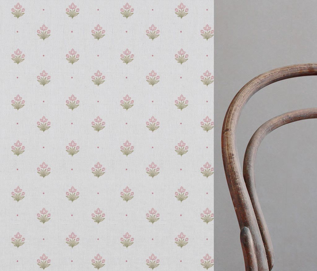Pink Floral Linen Curtain Fabric - Maryam Pink-WHT - White base fabric.