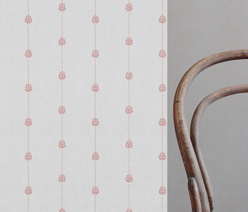 Pink Patterned Stripe Linen Curtain Fabric - Maybel Dusty Pink - WHT - White base fabric.