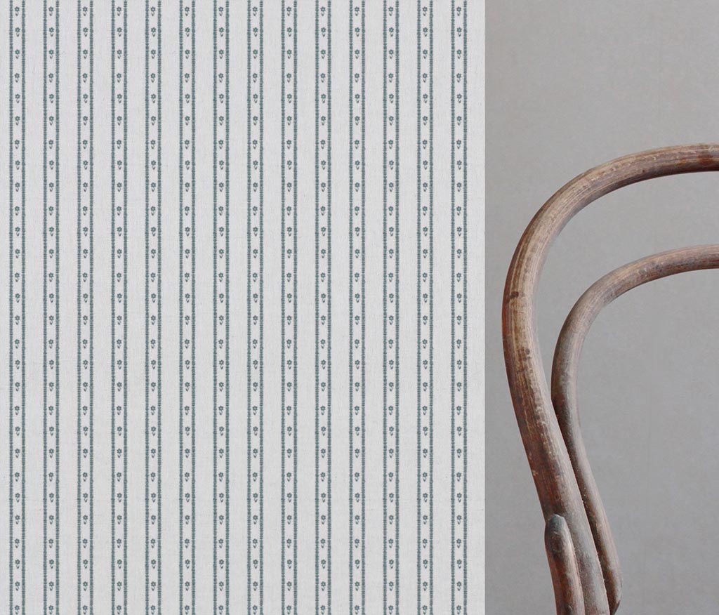 Blue Floral Stripe Linen Curtain Fabric - Silvian Paris Blue-WHT - White base fabric.