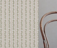 Green Floral Stripe Linen Curtain Fabric - Skye Moss-WHT - White base fabric.