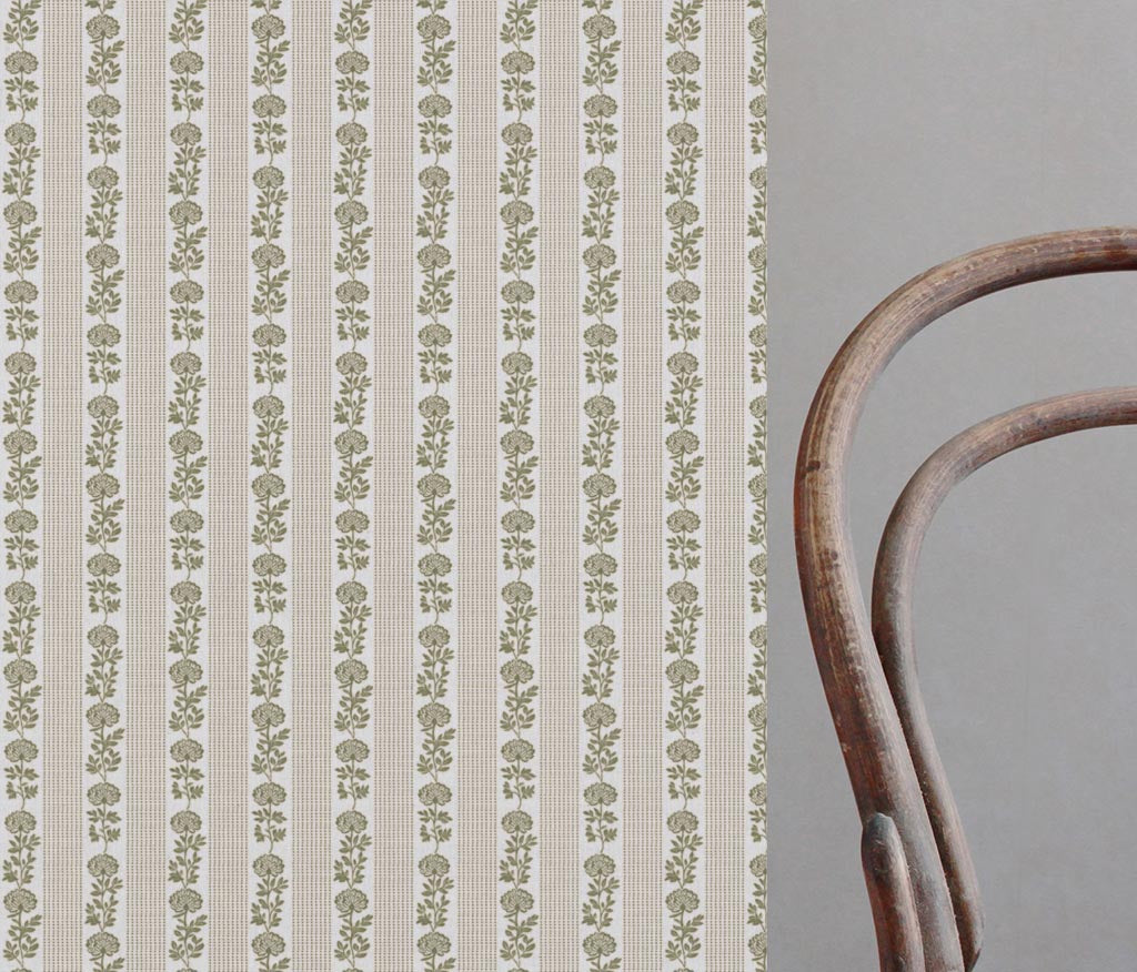 Green Floral Stripe Linen Curtain Fabric - Skye Moss-WHT - White base fabric.