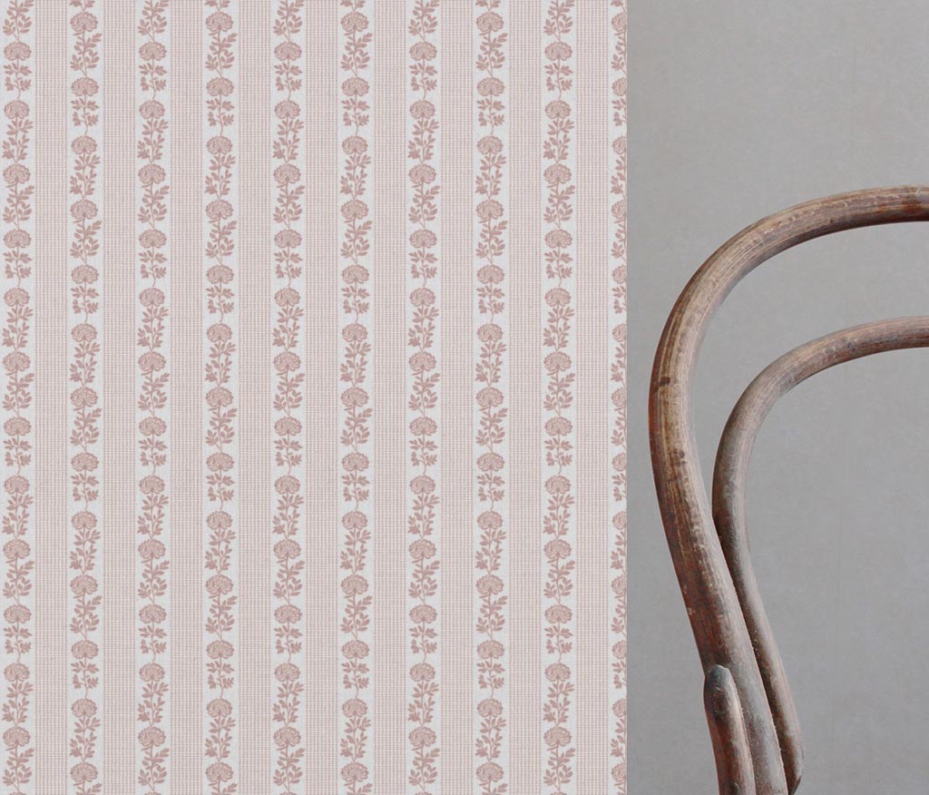 Pink Floral Stripe Linen Curtain Fabric - Skye Peony-WHT - White base fabric.