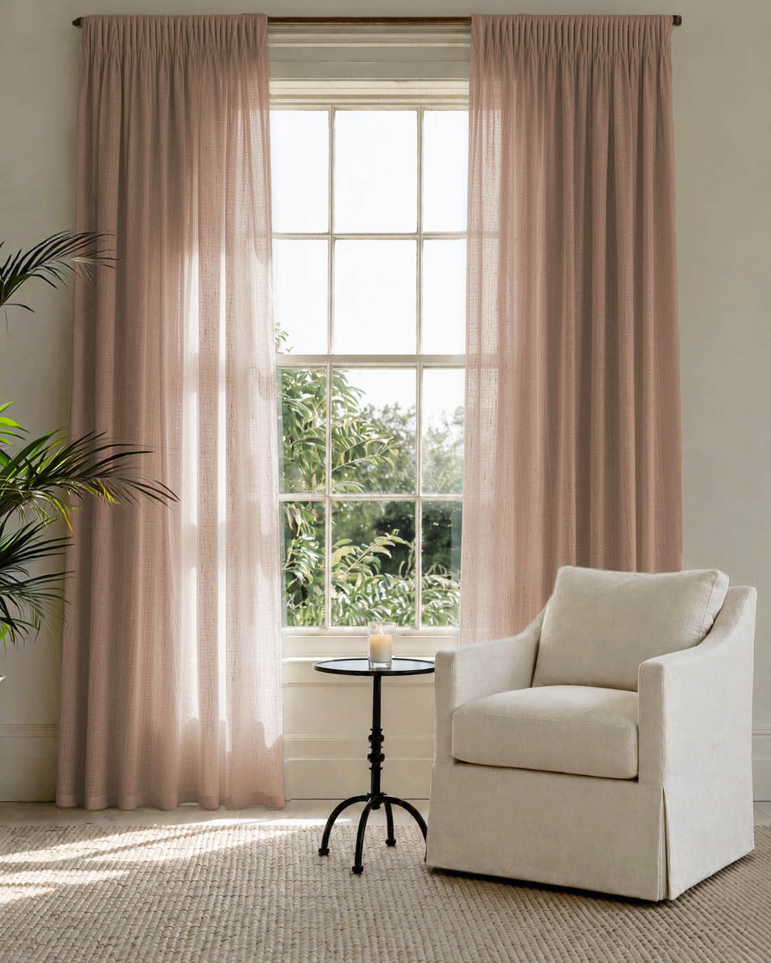 Made To Measure Curtains in Linen Fabric. Semi Sheer Curtains in pure Tea Rose Pink linen.