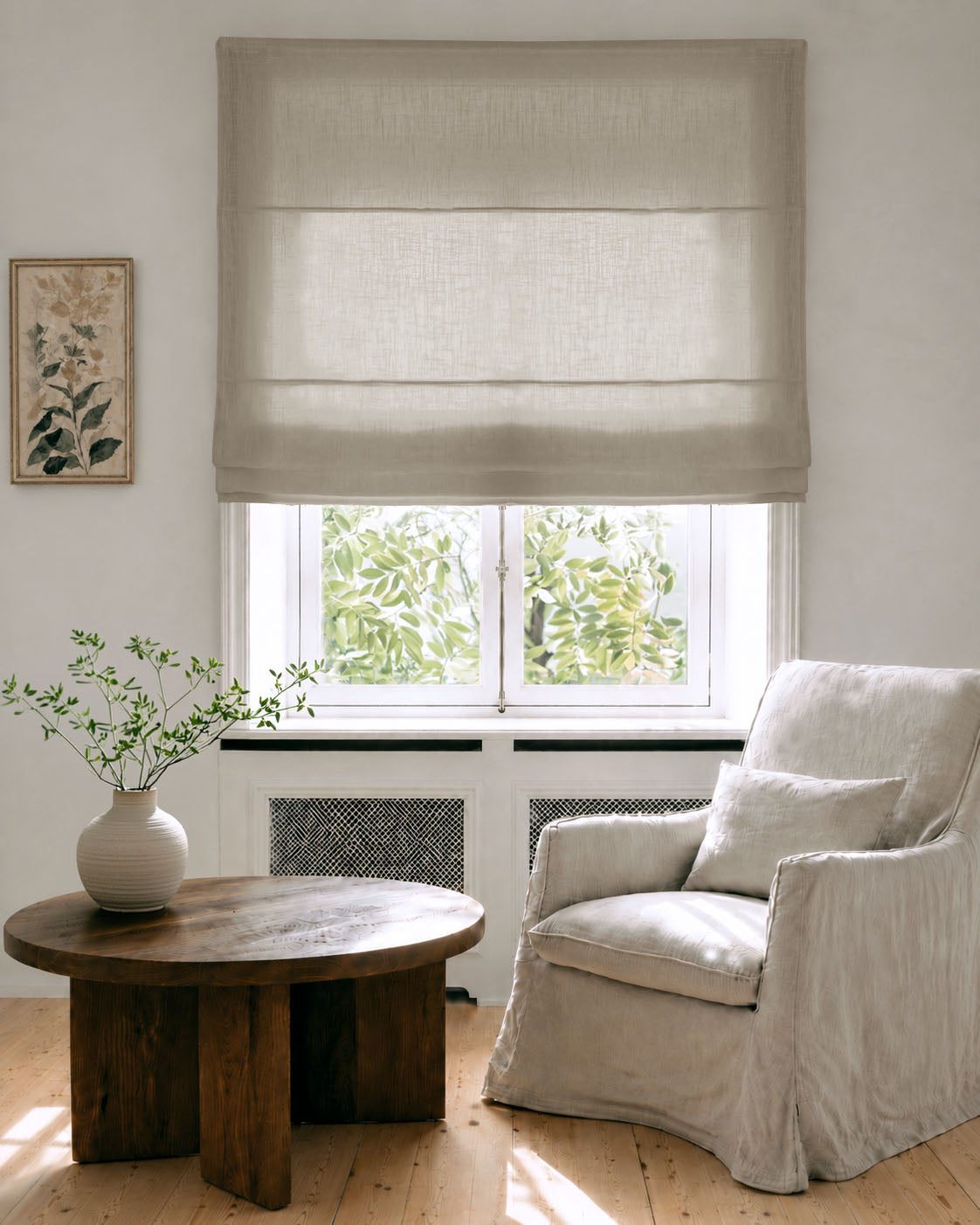 Made To Measure Roman Blinds in Linen Fabric. Semi Sheer Curtains in pure Natural linen.