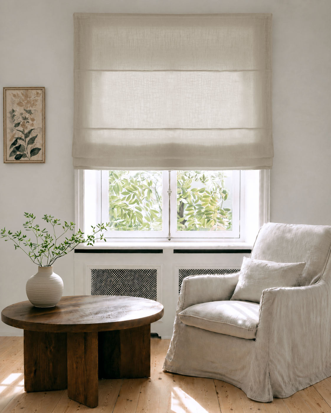 Made To Measure Roman Blinds in Linen Fabric. Semi Sheer Curtains in pure linen Oatmeal fabric