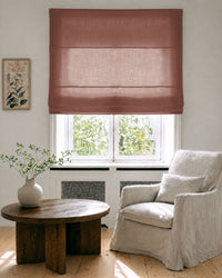 Made To Measure Roman Blinds in Linen Fabric. Semi Sheer Curtains in pure Saffron Red linen.