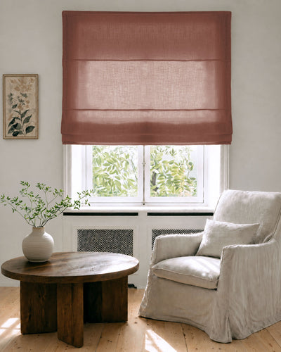 Made To Measure Roman Blinds in Linen Fabric. Semi Sheer Curtains in pure Saffron Red linen.