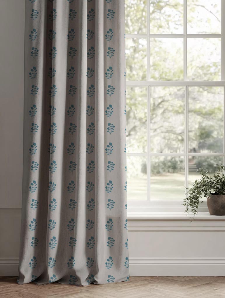 Blue Floral Linen Curtain - Cherie Blue Stone - Natural base fabric.