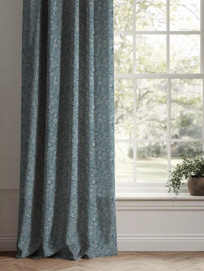 Blue Floral Linen Curtain - Cheye Blue Stone - Natural base fabric.