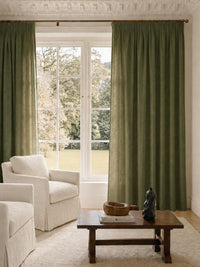 Muted Green Pleated made to measure linen curtains. These Pencil pleat are made of 100% Linen fabric - Charlotte Forest