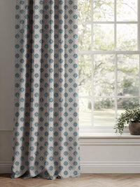 Blue Abstract Floral Linen Curtain - Lany Blue Stone - Natural base fabric.