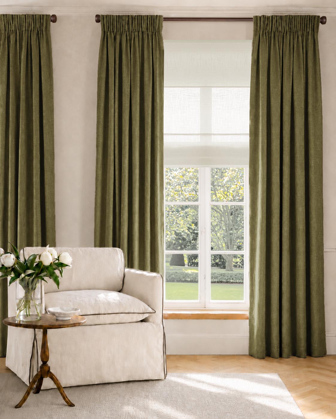 Muted Green Linen Curtains with cotton lining. Living room curtains made of Linen fabric - Charlotte Forest