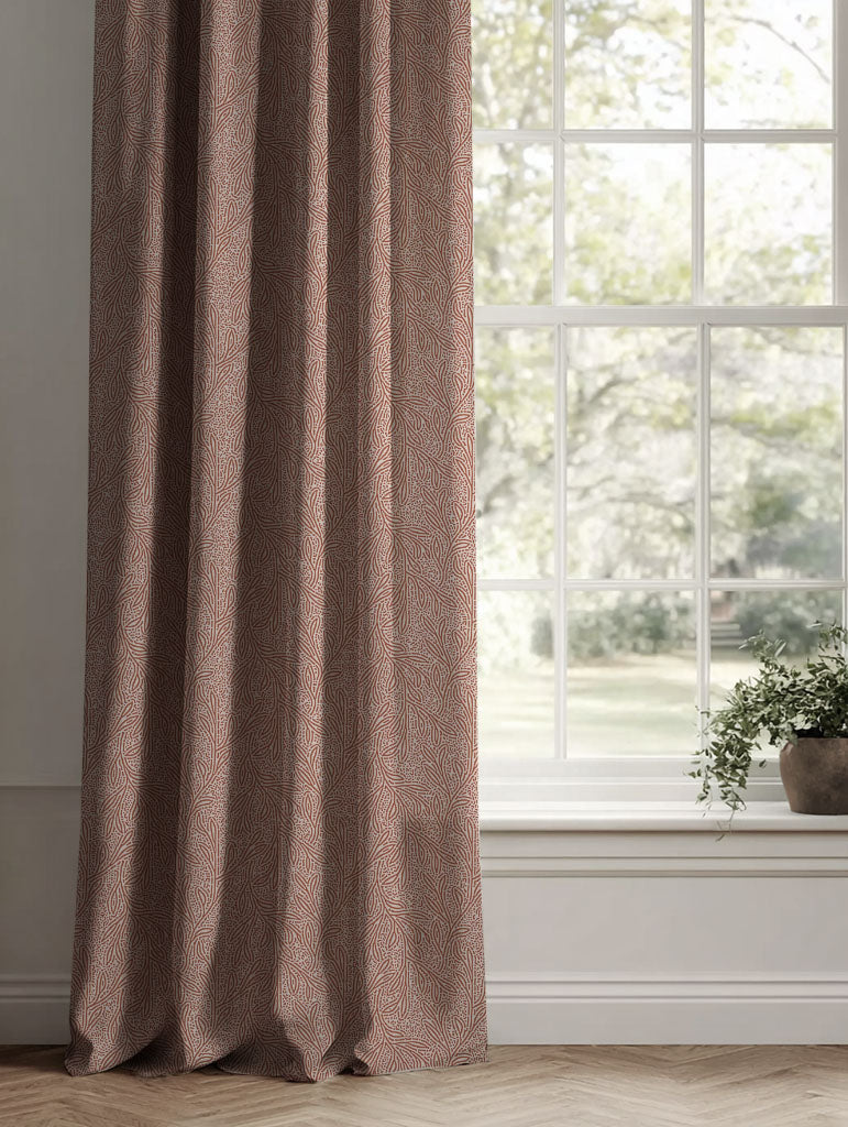 Red / Orange Botanical Linen Curtains - Alma Terracotta - Natural base fabric.