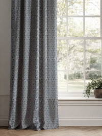 Blue Patterned Linen Curtains - Arina Denim - Natural base fabric.