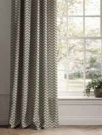 Green Patterned Linen Curtains - Azig Khaki - Natural base fabric.