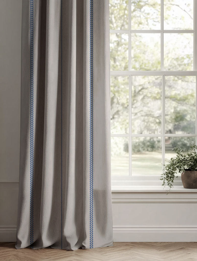 Blue Striped Linen Curtains - Berit-NAT Night Blue - Natural base fabric.