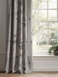 Grey Botanical Linen Curtains - Berry Ash - Natural base fabric.