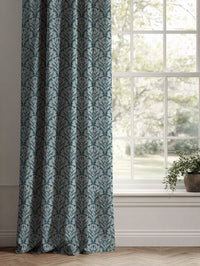 Blue Botanical Linen Curtains - Birna Blue Stone - Natural base fabric.