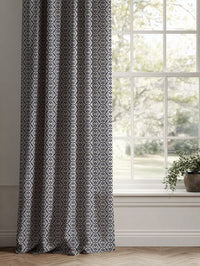 Blue Patterned Linen Curtains - Brita Deep Blue - Natural base fabric.