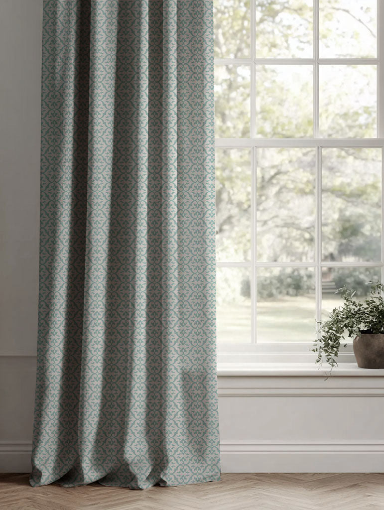 Blue Patterned Linen Curtains - Brita Duck Egg - Natural base fabric.