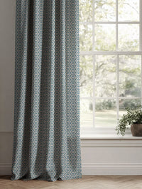 Blue Patterned Linen Curtains - Brita Marine - Natural base fabric.