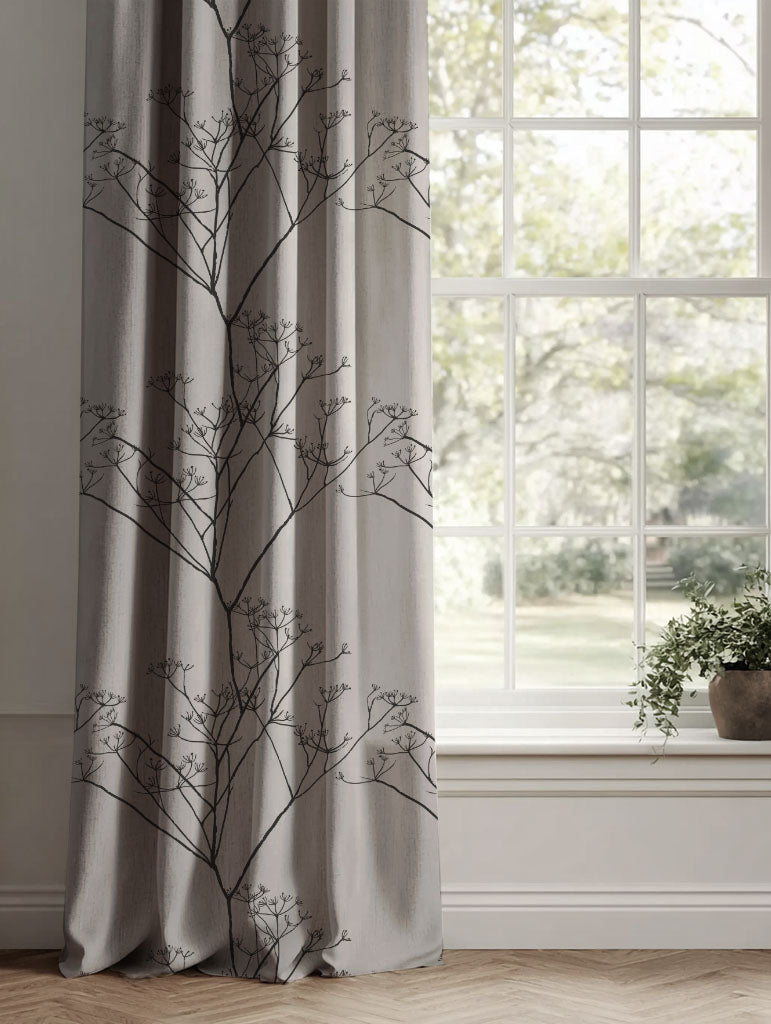 Black Floral Linen Curtains - Chervil Black - Natural base fabric.