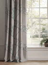 Blue Floral Linen Curtains - Chervil Blue Stone - Natural base fabric.