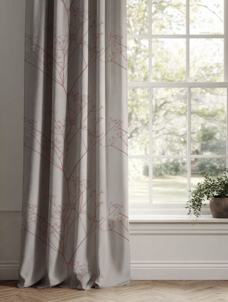 Pink Floral Linen Curtains - Chervil Dusty Pink - Natural base fabric.