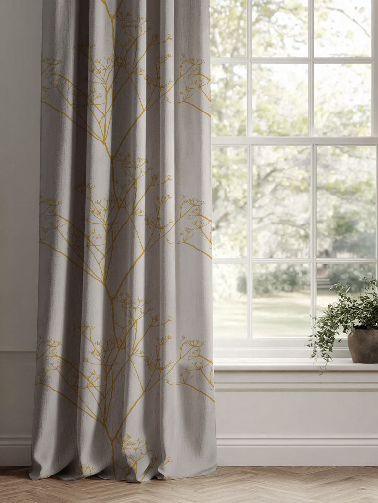 Yellow Floral Linen Curtains - Chervil Mustard - Natural base fabric.